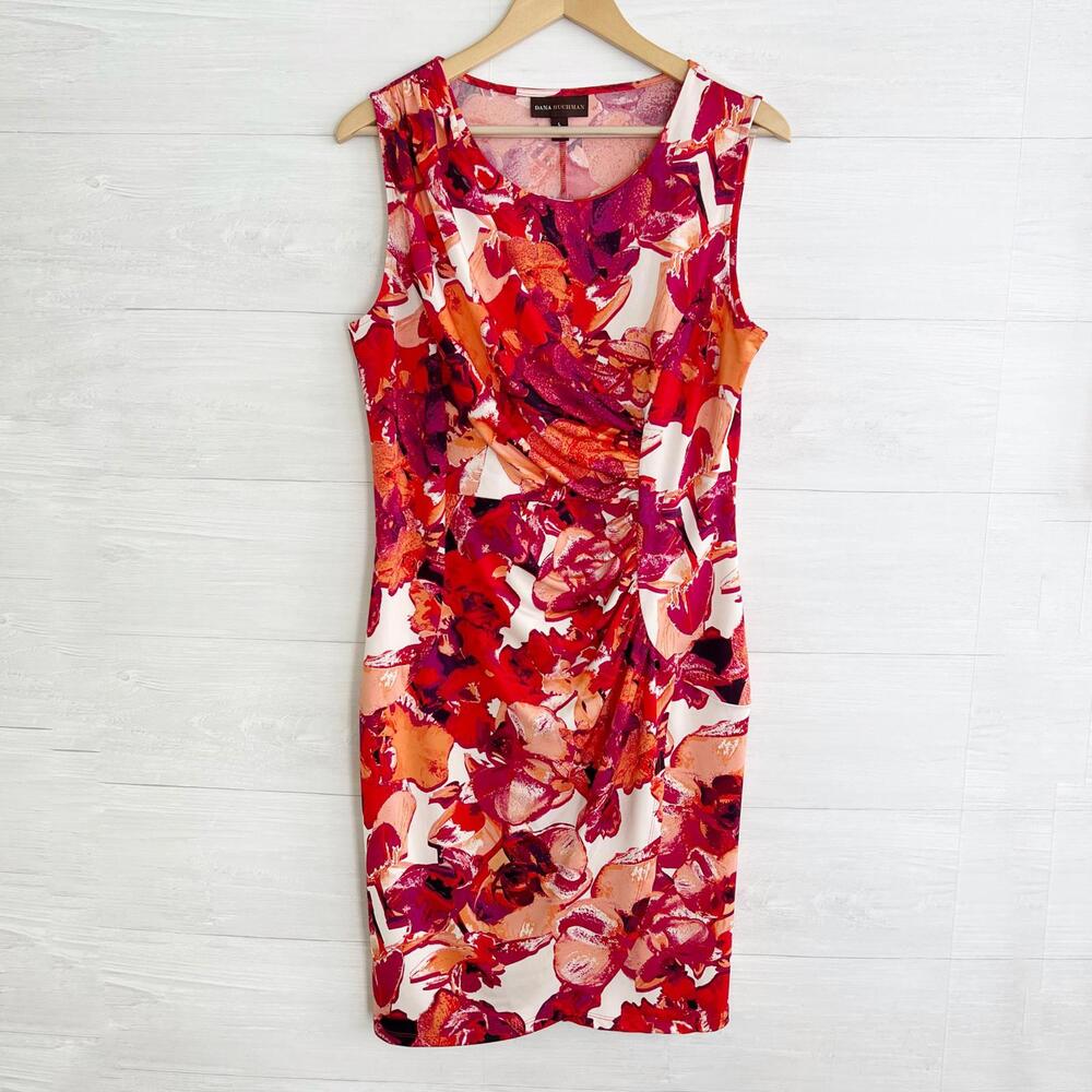 Dana Buchman - Bright red pink abstract stretch ruched sleeveless dress, L